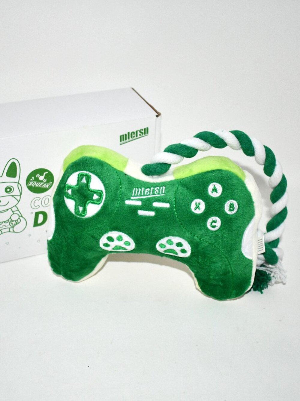 MTERSN Squeaky Dog Toy, Green, Game Controller, Plush Rope Toy, NWT